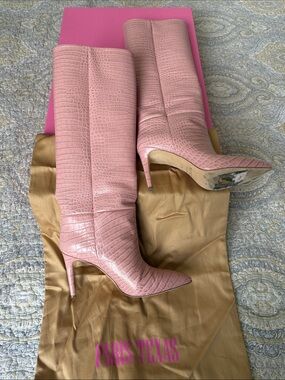 Paris Texas Pink Croc-Embossed 3” Stiletto Boots